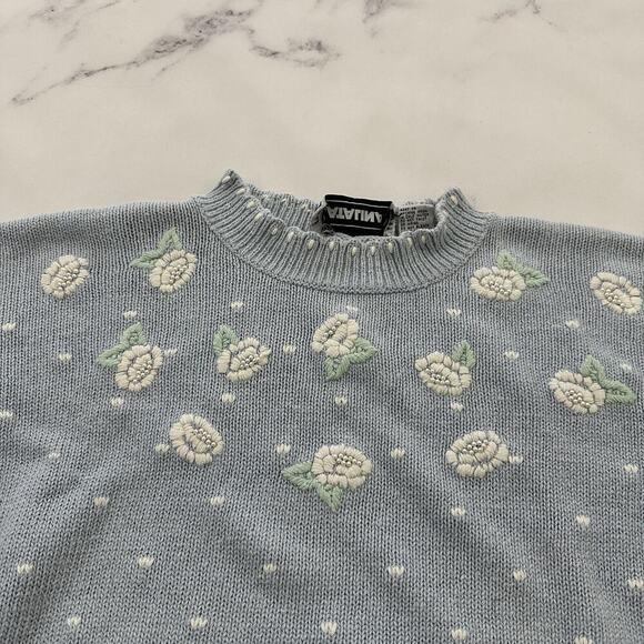 Catalina Womens Vintage 90s Cottagecore Sweater Size L Pastel Blue Beaded Flower - Picture 2 of 12